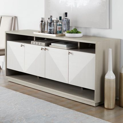 A sophisticated and functional entertainment unit with a geometric design and an abundance of storage
