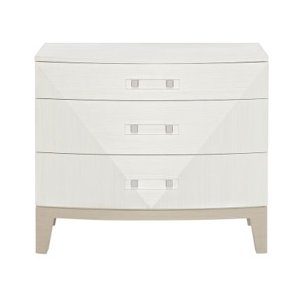 A sophisticated bedside table by Bernhardt featuring a grey and white finish and completed with three spacious drawers