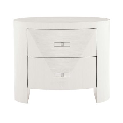 A unique and sophisticated oval bedside table by Bernhardt with two spacious drawers and a lovely white veneer finish