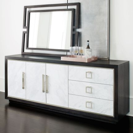 A luxurious buffet featuring a dark brown finish, stainless steel frame and laminated marble front