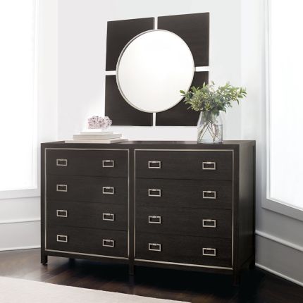 A stylish eight drawer dresser from Bernhardt with a dark brown finish and stainless steel frame