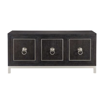An elegant three door sideboard with a dark brown wooden finish and stylish stainless steel accents