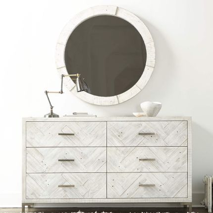 A contemporary mirror by Bernhardt with a white, planked wooden frame and distressed finish