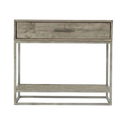 A wooden one-drawer bedside table featuring a steel base with a glazed silver finish and a bottom wooden shelf