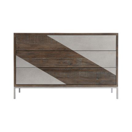 A quirky three drawer chest from Bernhardt with a textured wood finish and smooth steel overlays