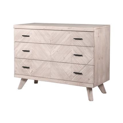 A stunning natural-toned three-drawer chest with contrasting handles