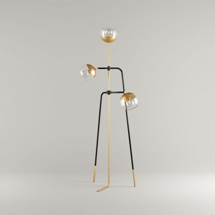 Glamorous floor lamp with three shades and brass accents
