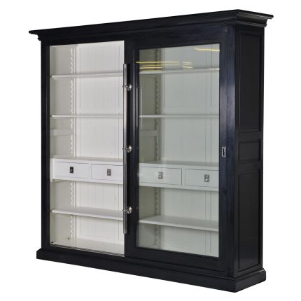 Black finished wood, clear glass wall display unit