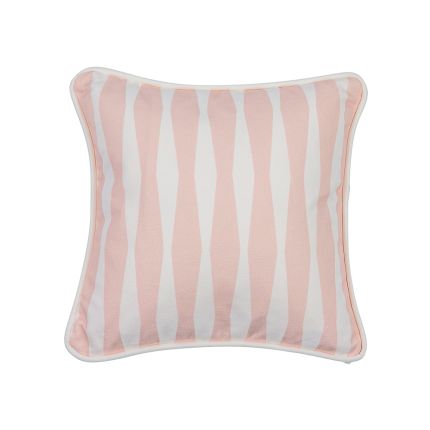A beautiful blush coloured children's cushion with a striped pattern and white piping