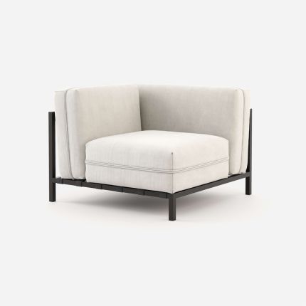 Contemporary, outdoor mini corner sofa in white fabric and dark frame
