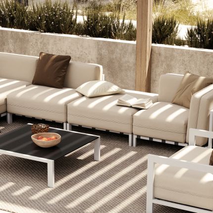White, modern, outdoor pouffe with black frame