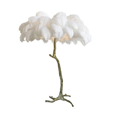 Modern ostrich feather floor lamp with a brass base
