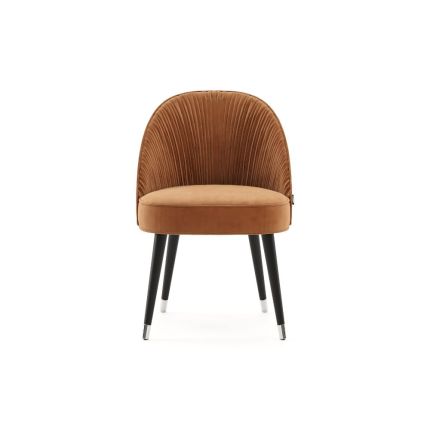 Elegant, modern luxury dining chair with back seat pleating, black legs and golden accents