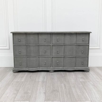Gorgeous french-style chest of drawers in grey wash finish with 6 drawers total