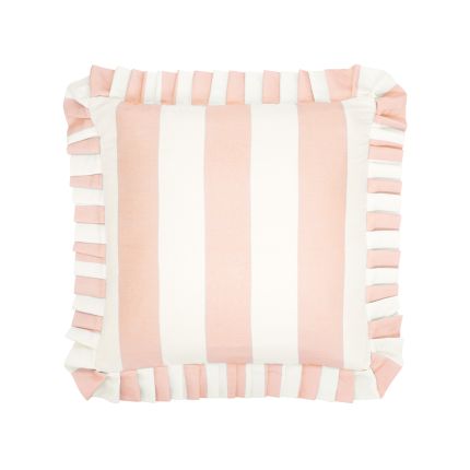 A gorgeous pink and ivory striped cushion by Gingerlily with an elegant pleated ruffle border