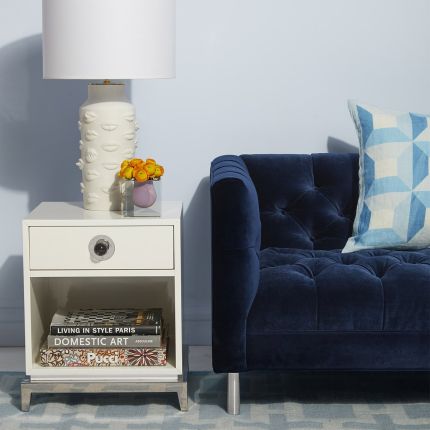 white lacquer end table with polished nickel accents
