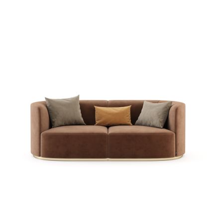 a sensational two-seater sofa with a golden base and luxurious velvet upholstery 