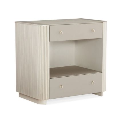 Dreamy bedside table with ribbing details, featuring two drawers and a shelf