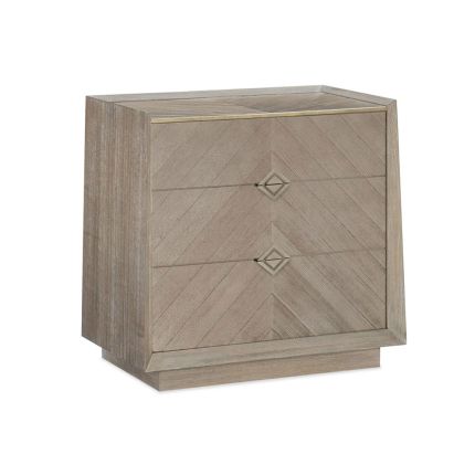 Modern bedside table with diamond handles and chevron pattern on the three drawers and surface