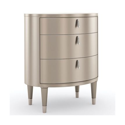 Decadent oval-shaped bedside table with pull handles and champagne finish