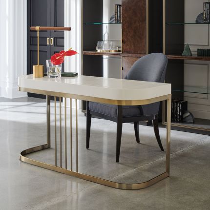 Glamorous art-deco inspired desk/dressing table with concealed mirror and storage and brass base frame