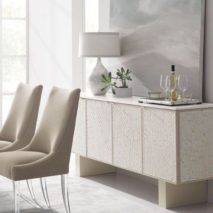 Glamorous sideboard wrapped in a pearlescent shell, presented in a basketweave pattern 