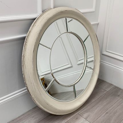 Round classical style window mirror with washed wood frame 