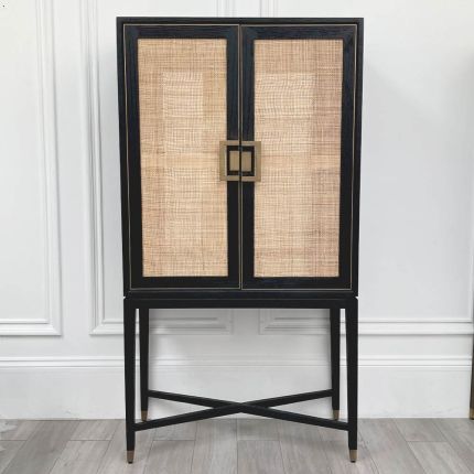 Gorgeous, contemporary bar cabinet with brass accents and rattan doors