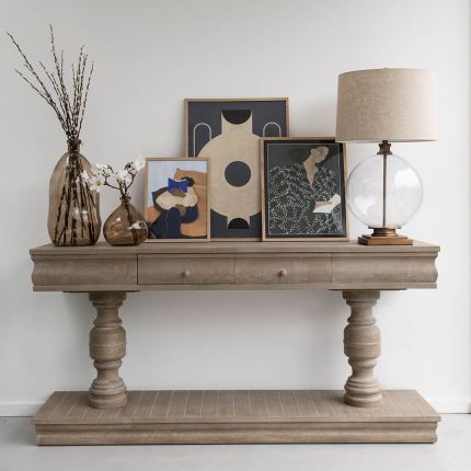 Gorgeous light natural wooden sideboard with two supportive pillars