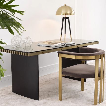 taupe upholstered chair with brushed brass frame 