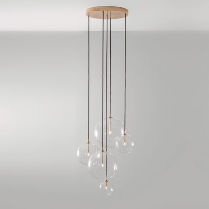 Natural brass finish chandelier with hanging clear glass globe lampshades 