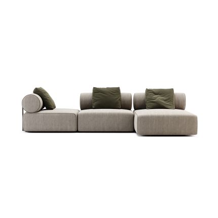 Beige upholstered sofa with unique, contemporary design