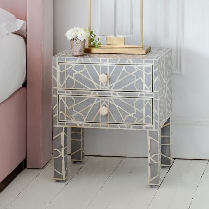 Art deco style blue grey and white 2 drawer bedside table