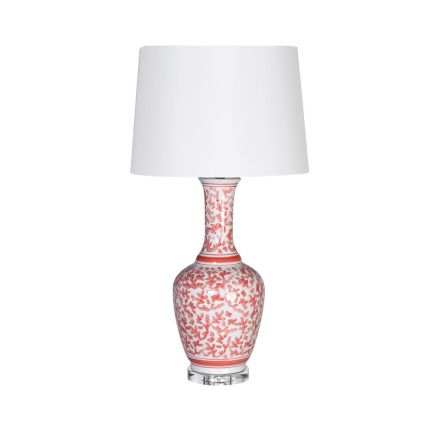Coral and white floral table lamp with glass base and white shade