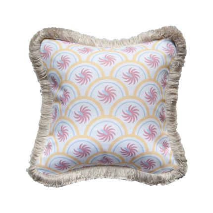 A fabulous cushion with a pink and yellow design finished with fringing 