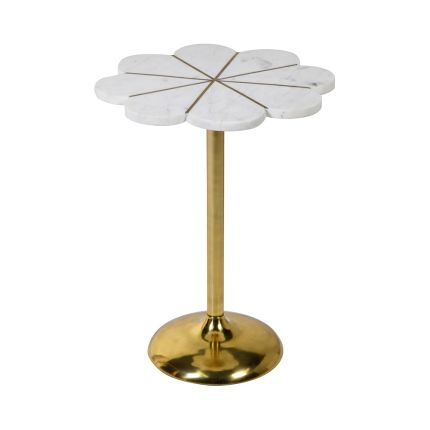 A glamourous floral inspired side table with a white marble flower shaped top and a brushed brass base