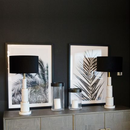 chic, contemporary white marble table lamp with black shade and brass accents 