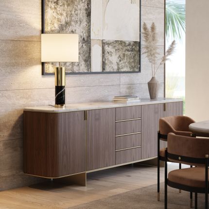 A luxurious marble and oak sideboard with golden accents 