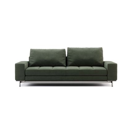 A luxurious velvet contemporary sofa with a polished stainless steel base