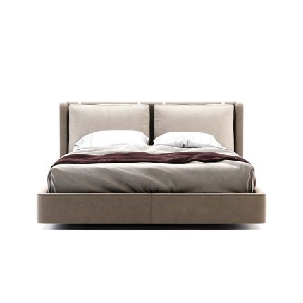 A luxurious super king contemporary bed with a cushioned headrest and brushed rose gold detailing