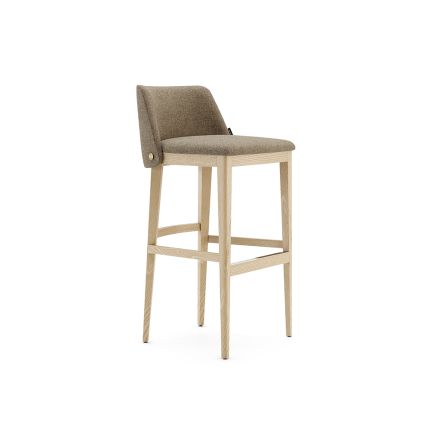A luxurious bar stool featured in a weave upholstery with a natural ash finish and gold brushed stainless steel accents