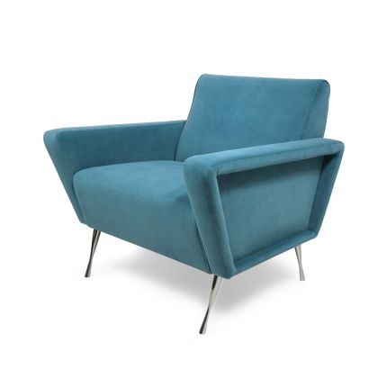 A stylish mid-century modern armchair with a futuristic feel and metal legs