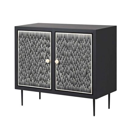 A luxurious black and ivory cabinet with interior shelving and elaborate bone inlay detailing