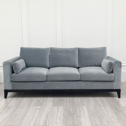 Gorgeous grey-blue velvet sofa with two scatter cushions