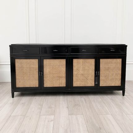 A fabulous, sleek sideboard, featuring four beautiful woven cane doors, and a tempered glass top. 