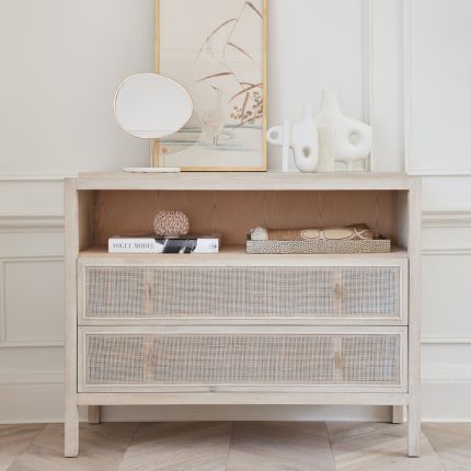 whitewash Scandinavian-style rattan chest of drawers