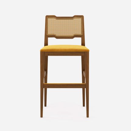 A traditional Portuguese-style counter stool with velvet upholstery and woven detailing