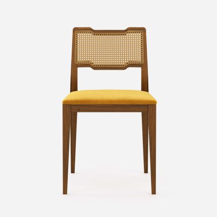 Traditional wooden dining chair with woven detailing and velvet seat 