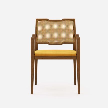 Traditional wooden dining chair with arms, woven detailing and velvet seat