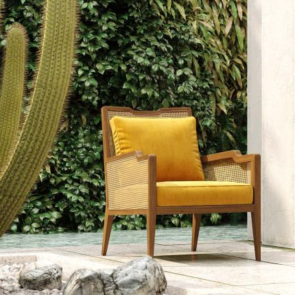 a luxurious traditional Portuguese-style armchair with yellow cushions 